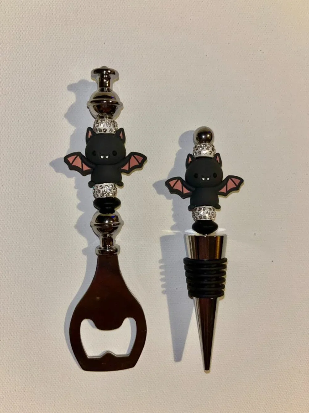 Halloween Sparkly Bat-themed Wine Stopper and Bottle Opener Set